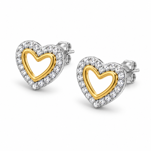 CZ Heart Outline Stud Earrings Two-Tone Rhodium Gold 925 Sterling Silver 10mm