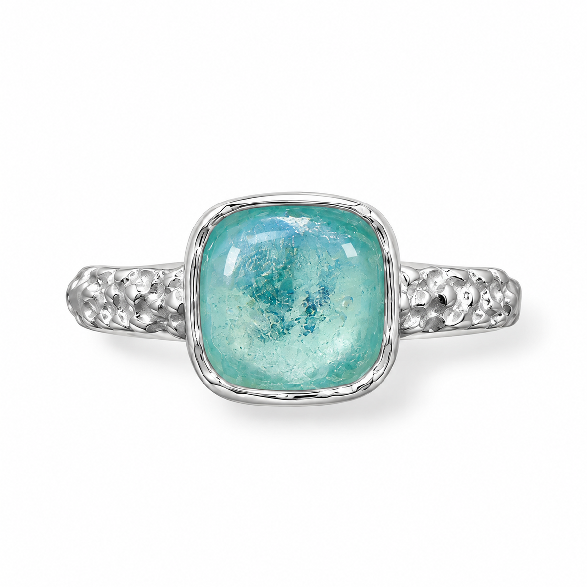Square Aqua Roman Glass Pebble Band Ring 925 Silver 9.5mm 2.5mm Sizes 6-9 w/ CoA