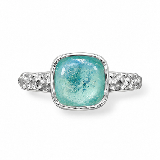 Square Aqua Roman Glass Pebble Band Ring 925 Silver 9.5mm 2.5mm Sizes 6-9 w/ CoA