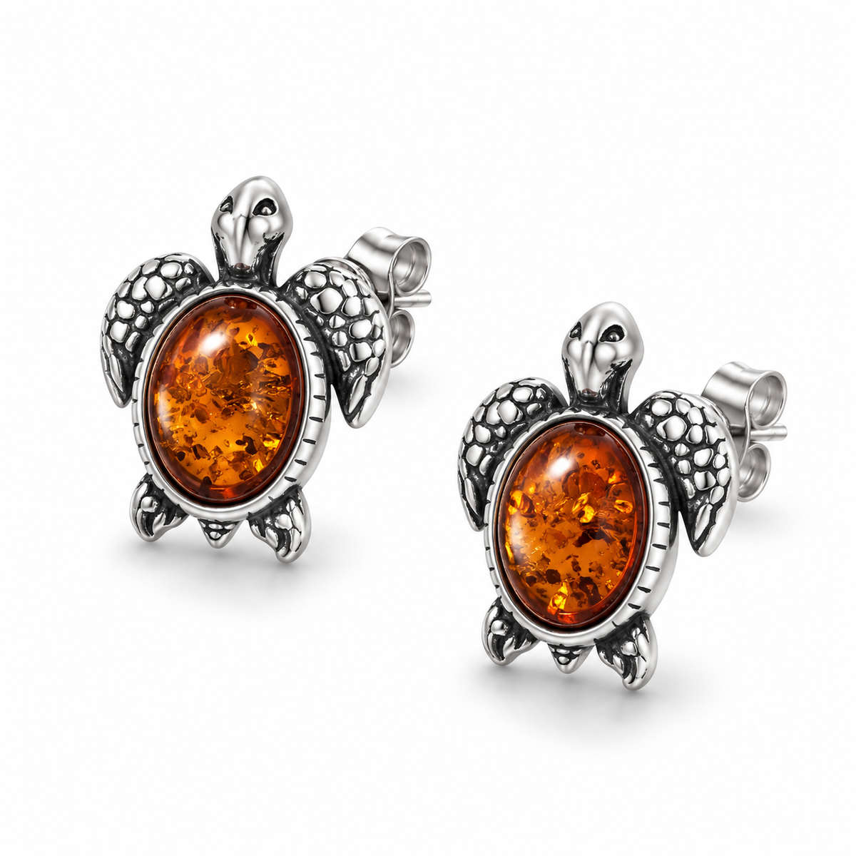Baltic Amber Sea Turtle Stud Earrings Oxidized 925 Sterling Silver 14.3x11.3mm