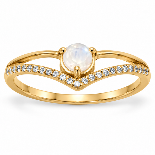 Rainbow Moonstone CZ V Ring 14K Gold Plated 925 Silver 4mm 1mm CZ Sizes 6-9