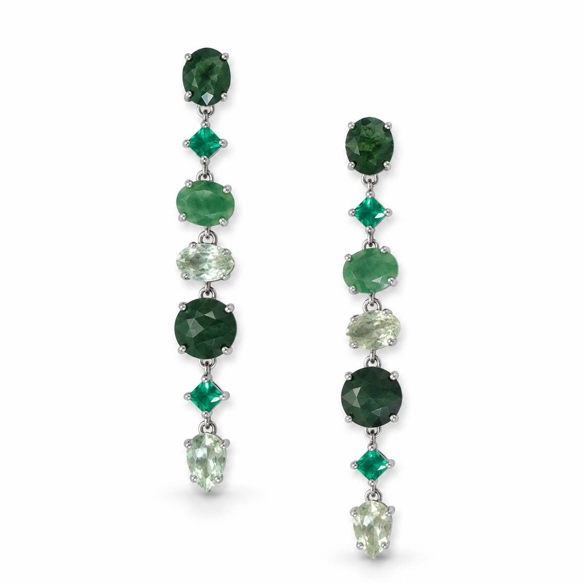 Green Multi Stone Long Drop Earrings Rhodium Plated 925 Sterling Silver 74.7mm