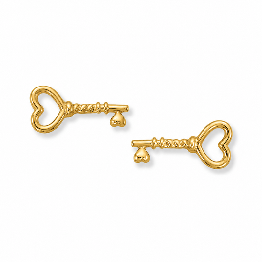 Heart Key Stud Earrings 14K Gold Plated 925 Sterling Silver 14.3mm