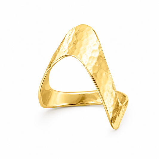 Hammered Chevron V Ring 14K Gold Plated 925 Silver Graduate Band Sizes 6-11