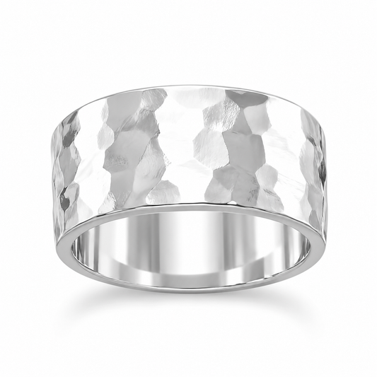 Hammered Band Ring 925 Sterling Silver 8mm Wide Unisex Sizes 6-13