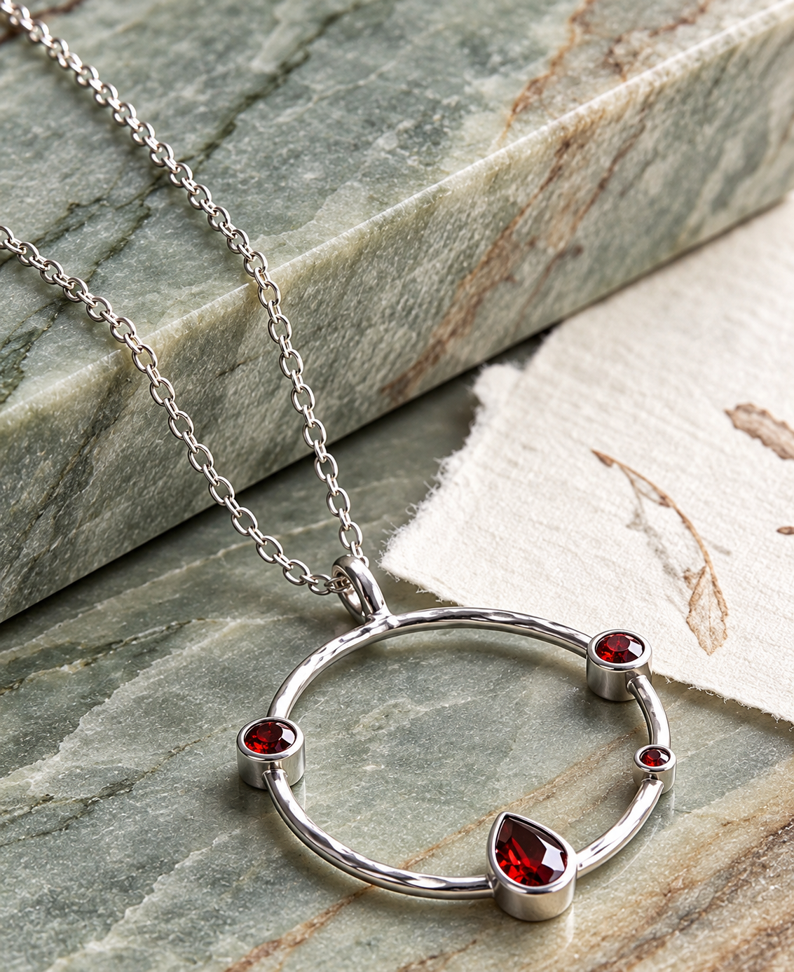 Garnet Hammered Circle Necklace Rhodium 925 Silver 25mm 16+2in Lobster Clasp