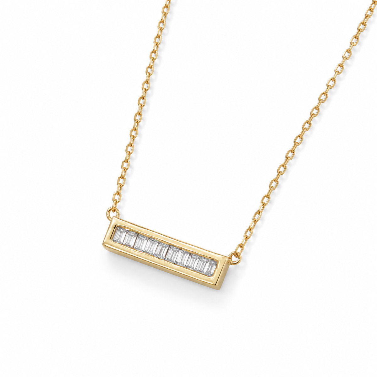 Mini CZ Bar Necklace 14K Gold Plated 925 Silver Emerald Cut 9 Stone 14.8x3.8mm