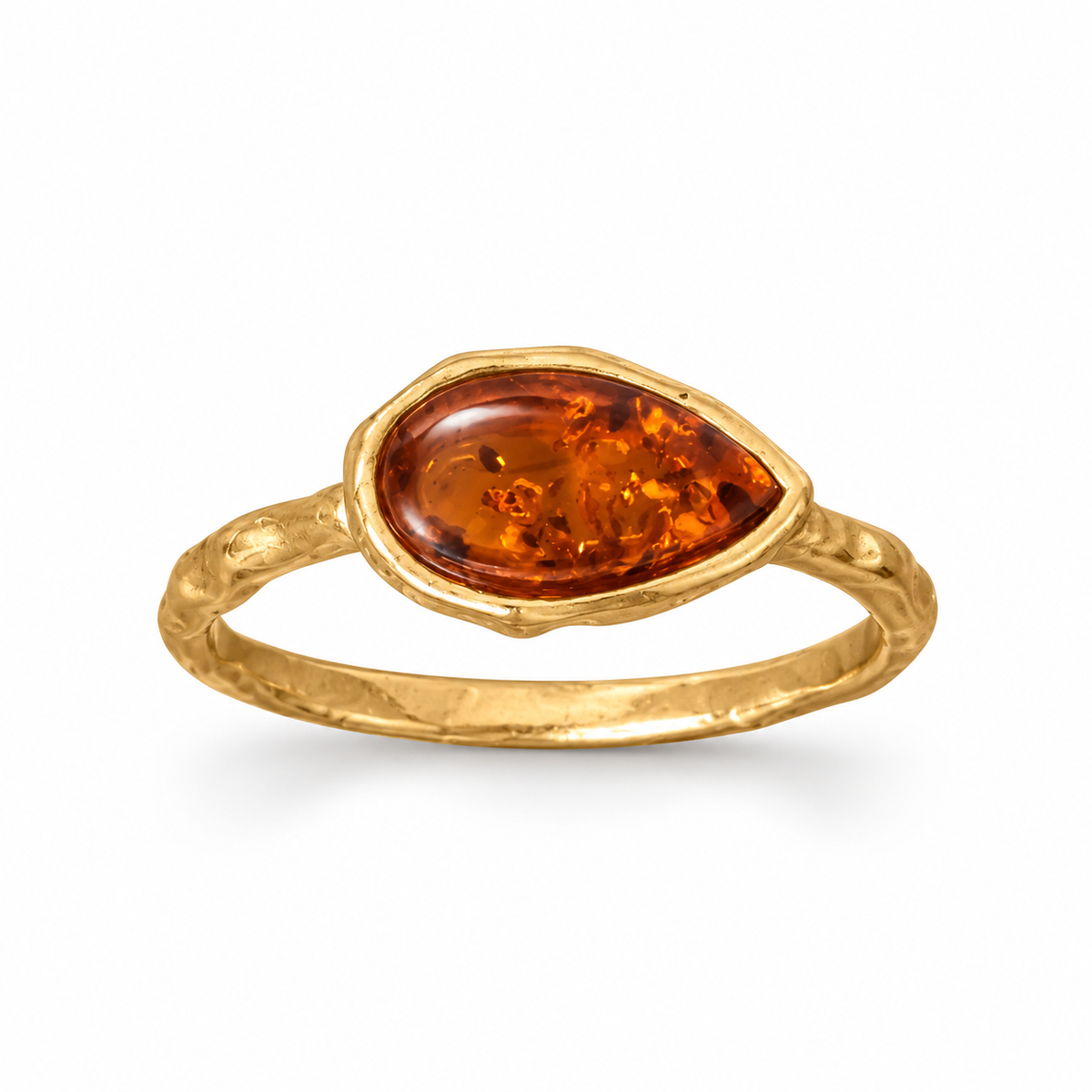 24K Gold Plated Pear Baltic Amber Ring Slightly Textured 5.5x10.7mm Poland Sizes 5-9