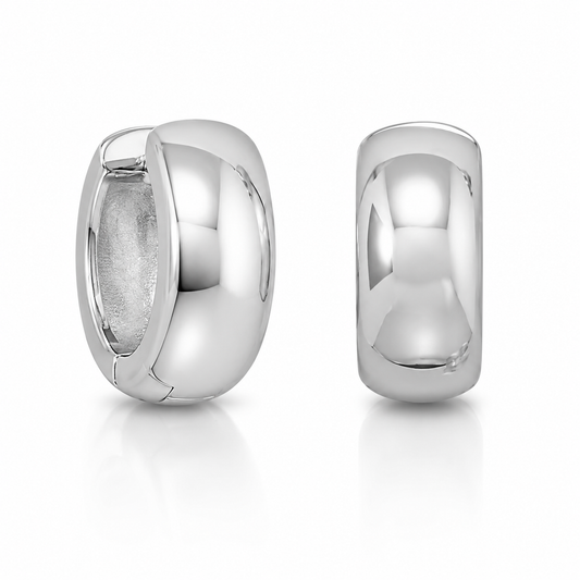 Wide Huggie Hoop Earrings Rhodium Plated 925 Sterling Silver 15mm 6mm Wide