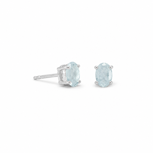 Aquamarine Oval Stud Earrings 925 Sterling Silver 4x6mm Faceted Four-Prong