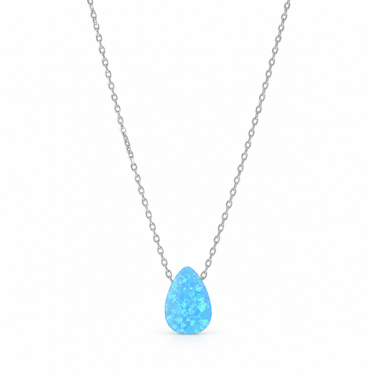 Blue Opal Pear Drop Necklace Rhodium 925 Silver Synthetic Floating 9x12mm 16+2in