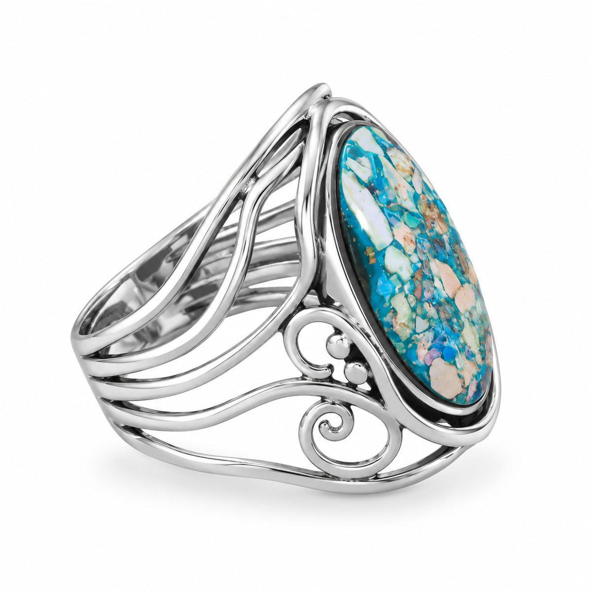 Roman Glass Cutout Swirl Ring Oxidized 925 Silver 17.5x13.5mm Sizes 7-10 w/ CoA
