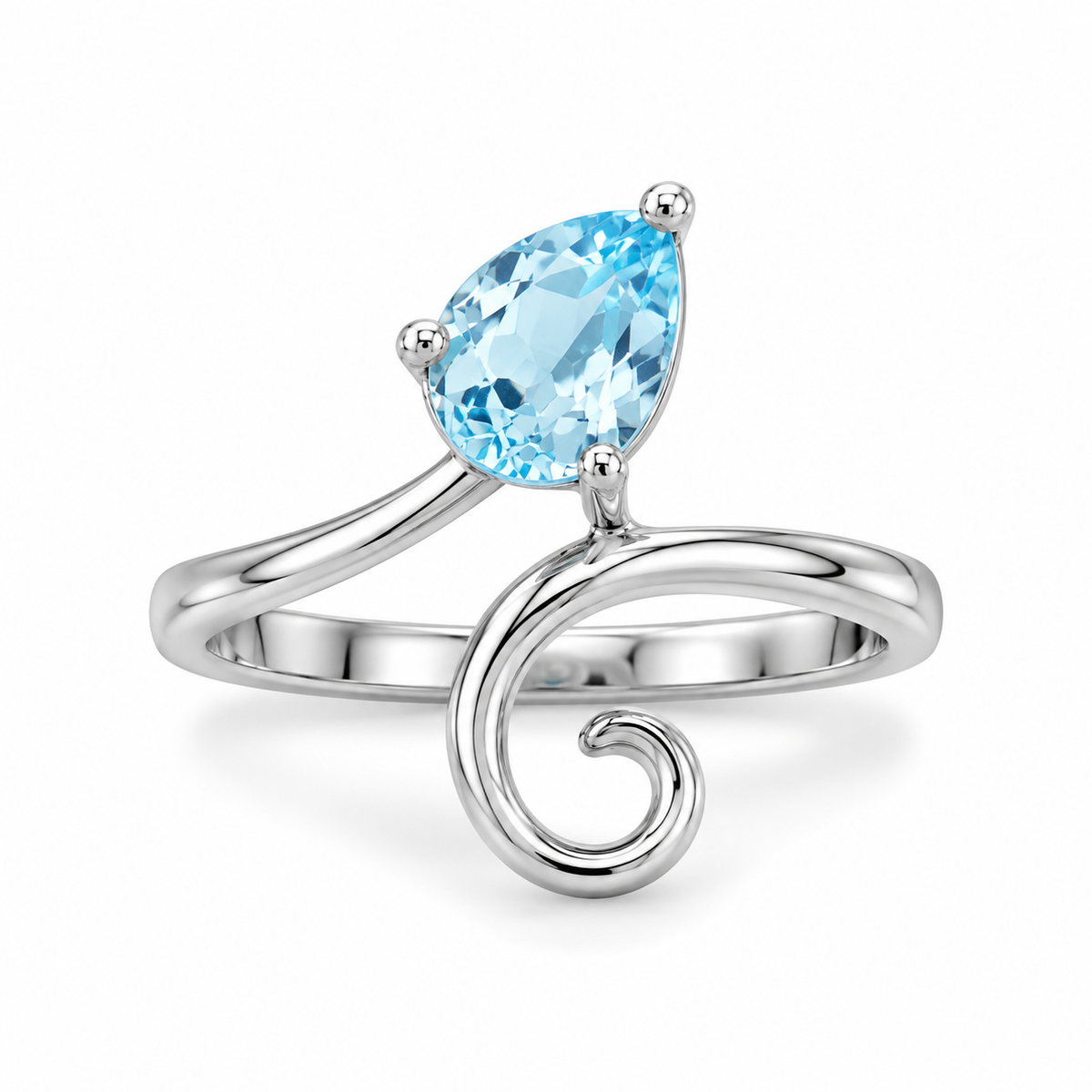 Rhodium Plated Wrap Around Pear Sky Blue Topaz Swirl Ring 925 Silver 6x8mm 2.4mm Sizes 6-9