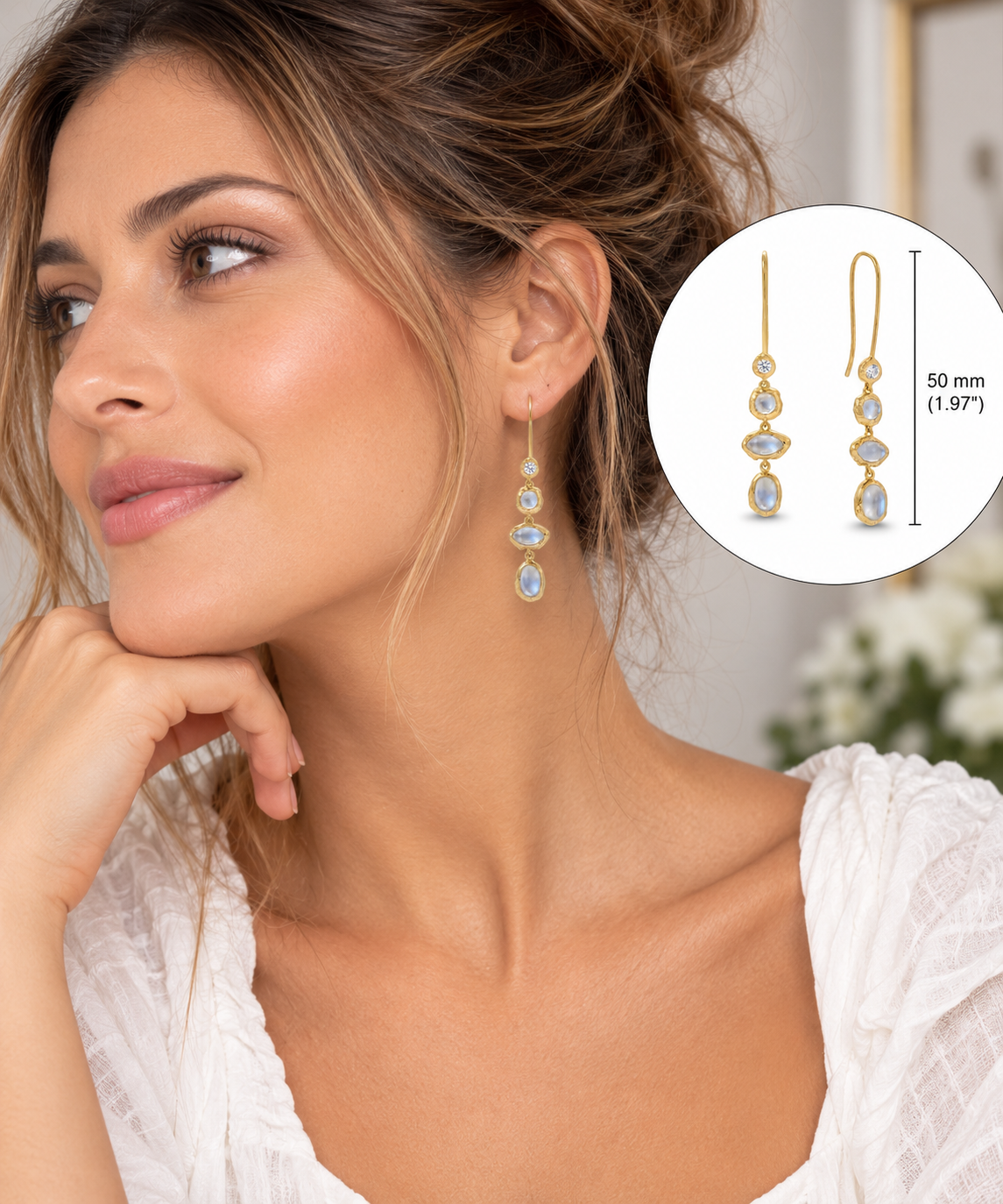 Rainbow Moonstone CZ Hammered Earrings 14K Gold Plated 925 Sterling Silver 50mm