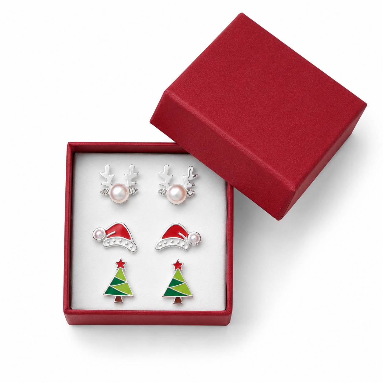 Christmas Enamel Studs 925 Sterling Silver Reindeer Santa Hat Tree 3 Pairs