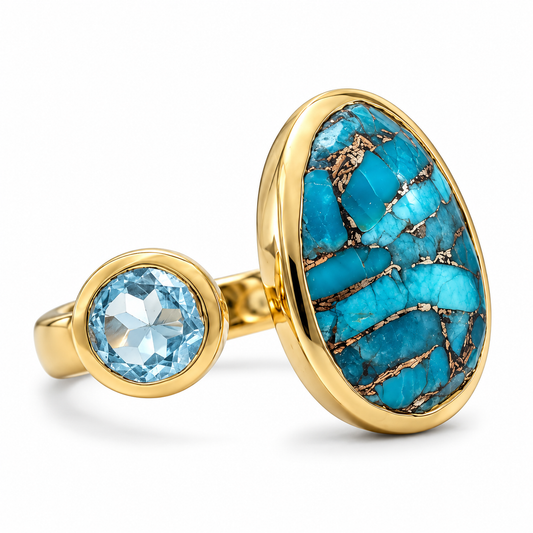 14K Gold Plated Blue Topaz Turquoise Ring 925 Silver 6mm 13x17mm Sizes 5-9