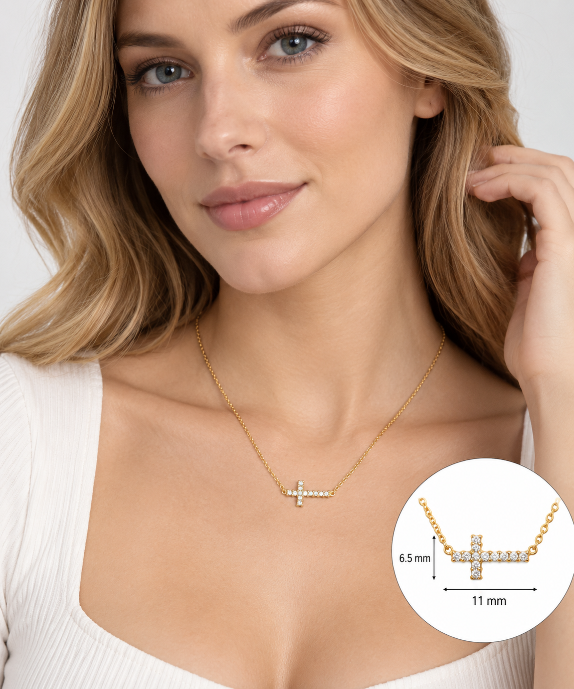 CZ Sideways Cross Necklace 14K Gold Plated 925 Silver 6.5x11mm 12CZ Lobster