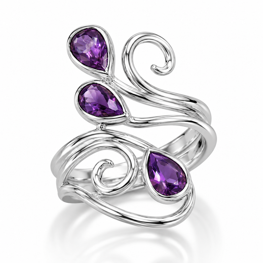 Polished Sterling Silver Scroll Design Amethyst Ring 925 Silver 4x6mm 12.5x28.5mm Sizes 6-10