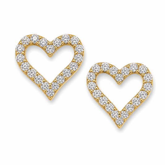 CZ Heart Outline Stud Earrings 14K Gold Plated 925 Sterling Silver 13.2mm