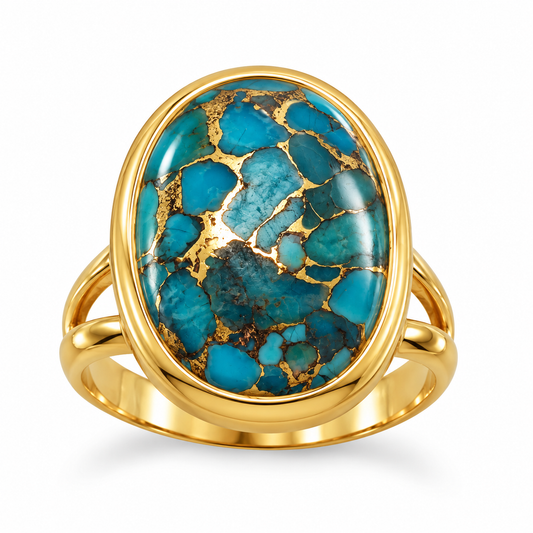 14K Gold Plated Stabilized Turquoise Ring 925 Silver 13x17.5mm 4mm Sizes 6-10
