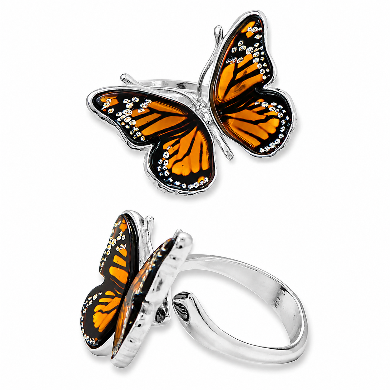 Baltic Amber Monarch Butterfly Ring 925 Silver Handcrafted 19x10mm Poland Sizes 6-9