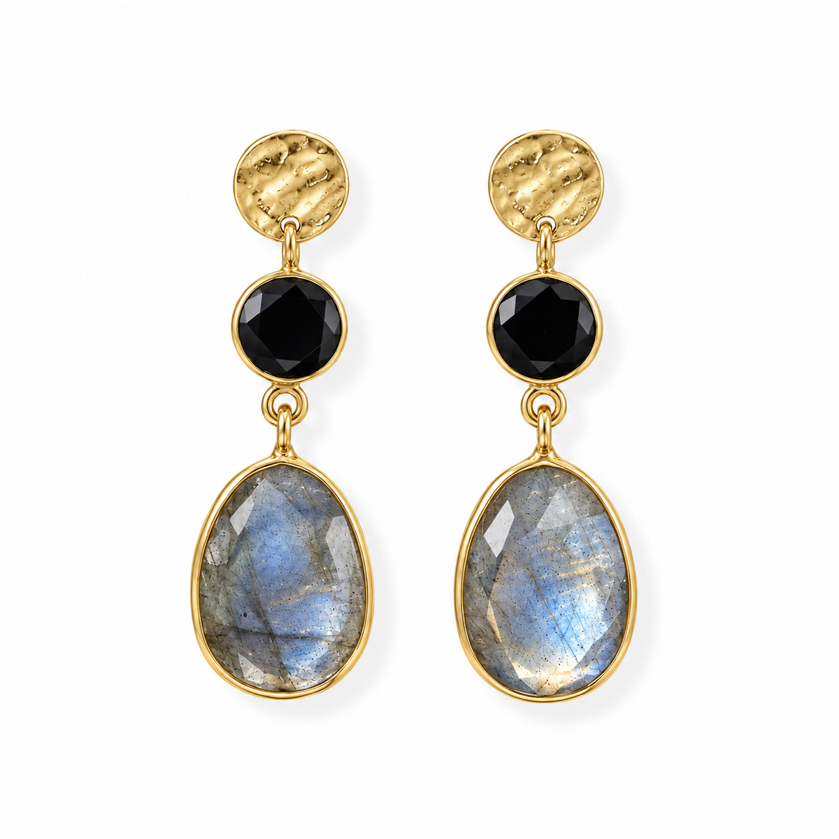 Black Onyx Labradorite Dangle Earrings 14K Gold Plated 925 Sterling Silver 34.5mm