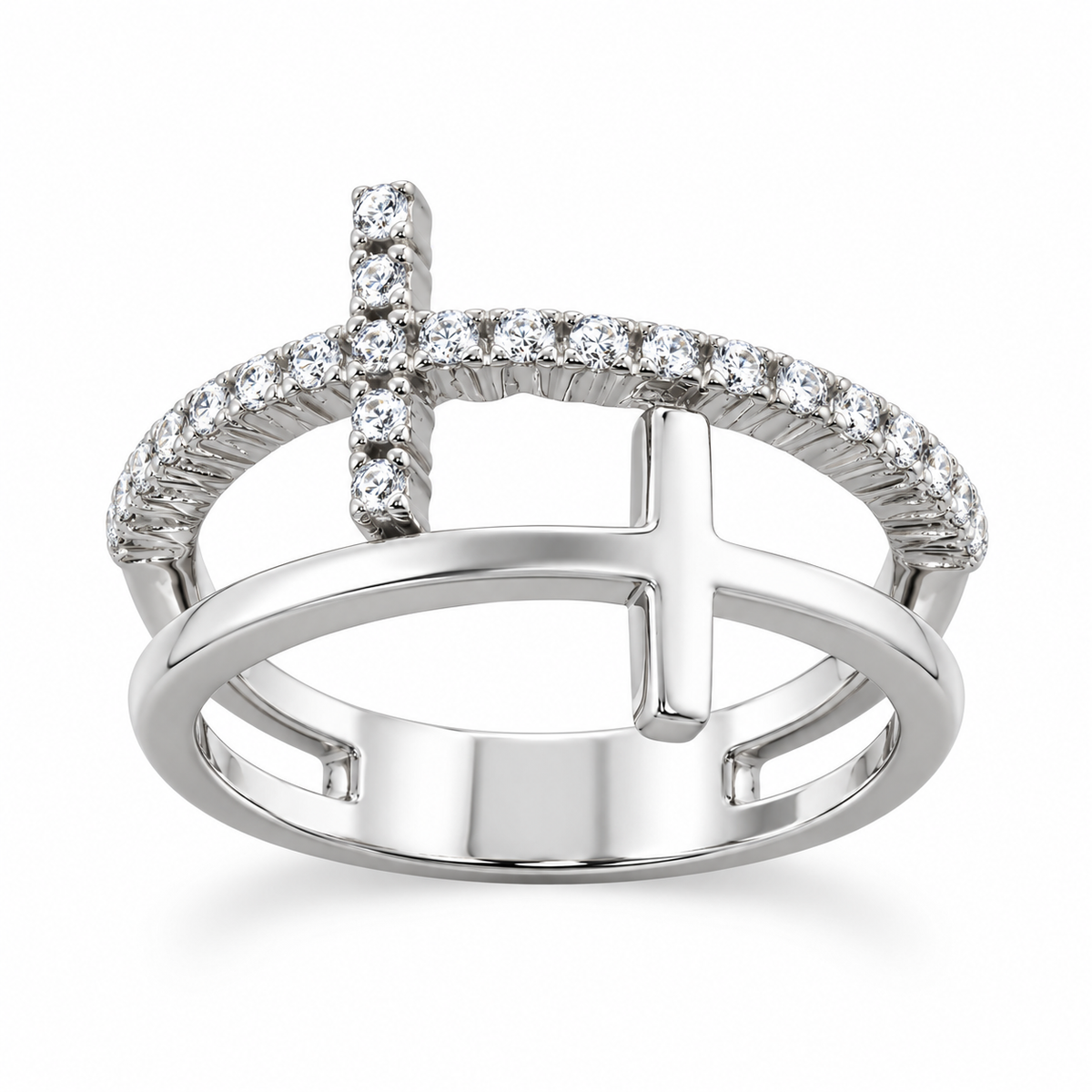 Rhodium Plated Double Cross CZ Ring 925 Silver Split Band 13.5mm 4mm