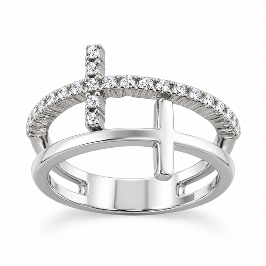 Rhodium Plated Double Cross CZ Ring 925 Silver Split Band 13.5mm 4mm