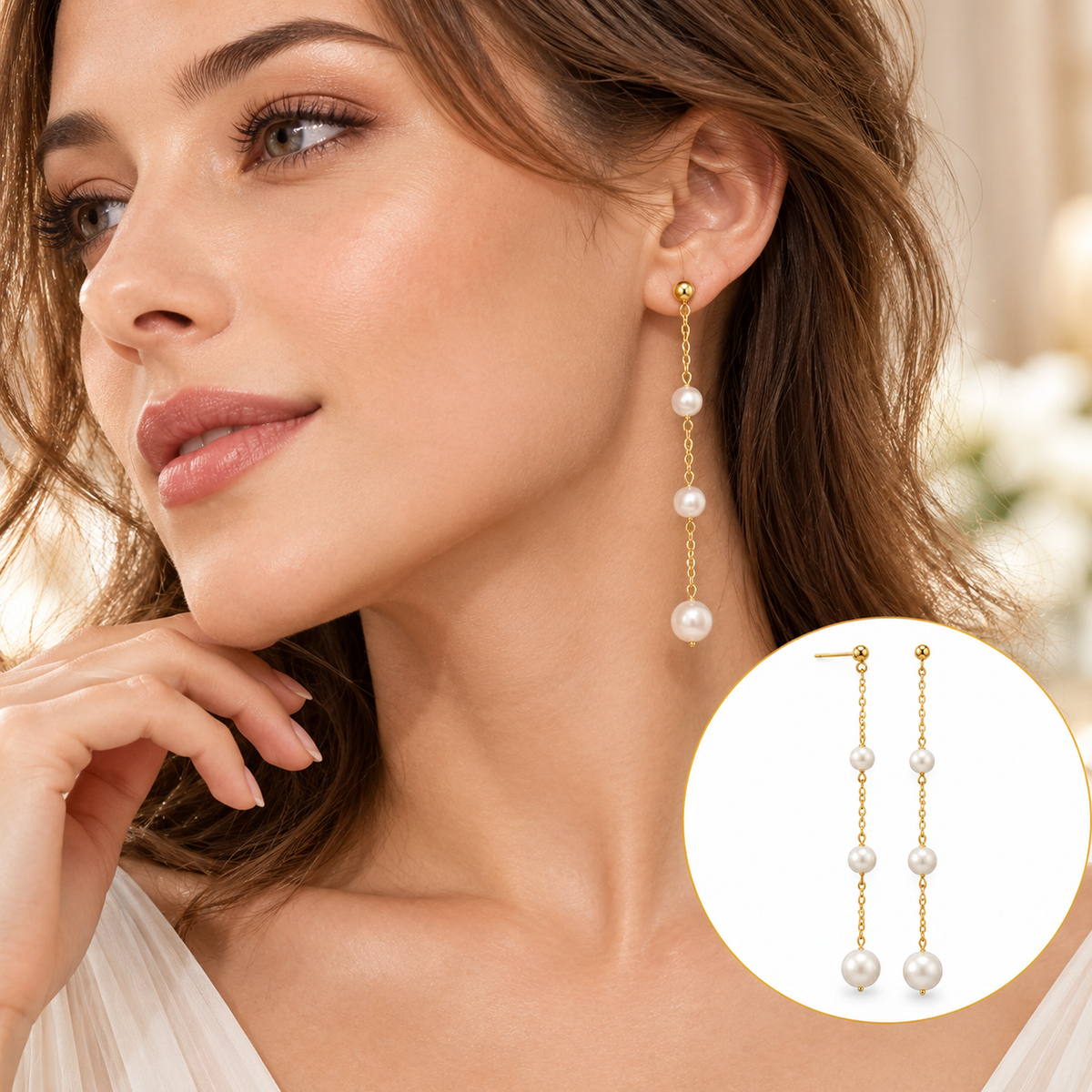 Triple Pearl Cascade Chain Dangle Earrings 14K Yellow Gold 3.5 Inch Drop