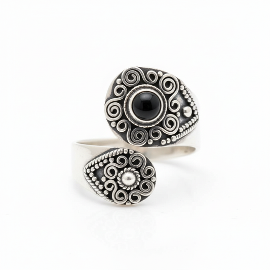 Bali Bypass Black Onyx Oxidized Silver Ring Pure White Background Faithful Design