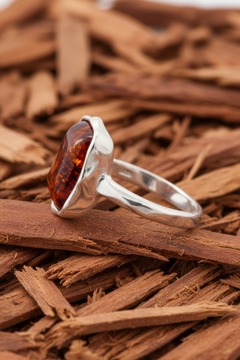 Baltic Amber Square Ring Side View Cedar Wood Shavings Background