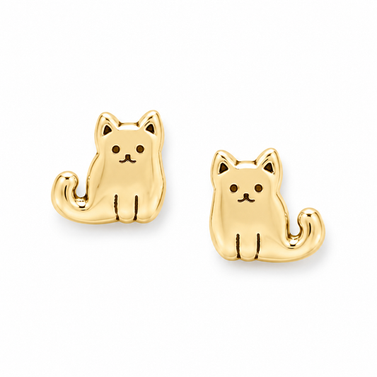 Sitting Kitty Cat Stud Earrings 14K Gold Plated 925 Sterling Silver 5.4mm