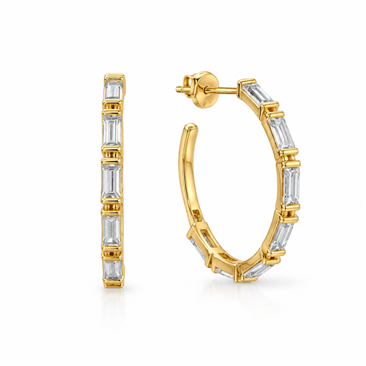 White Baguette CZ Hoop Earrings 14K Gold Plated 925 Sterling Silver 30mm