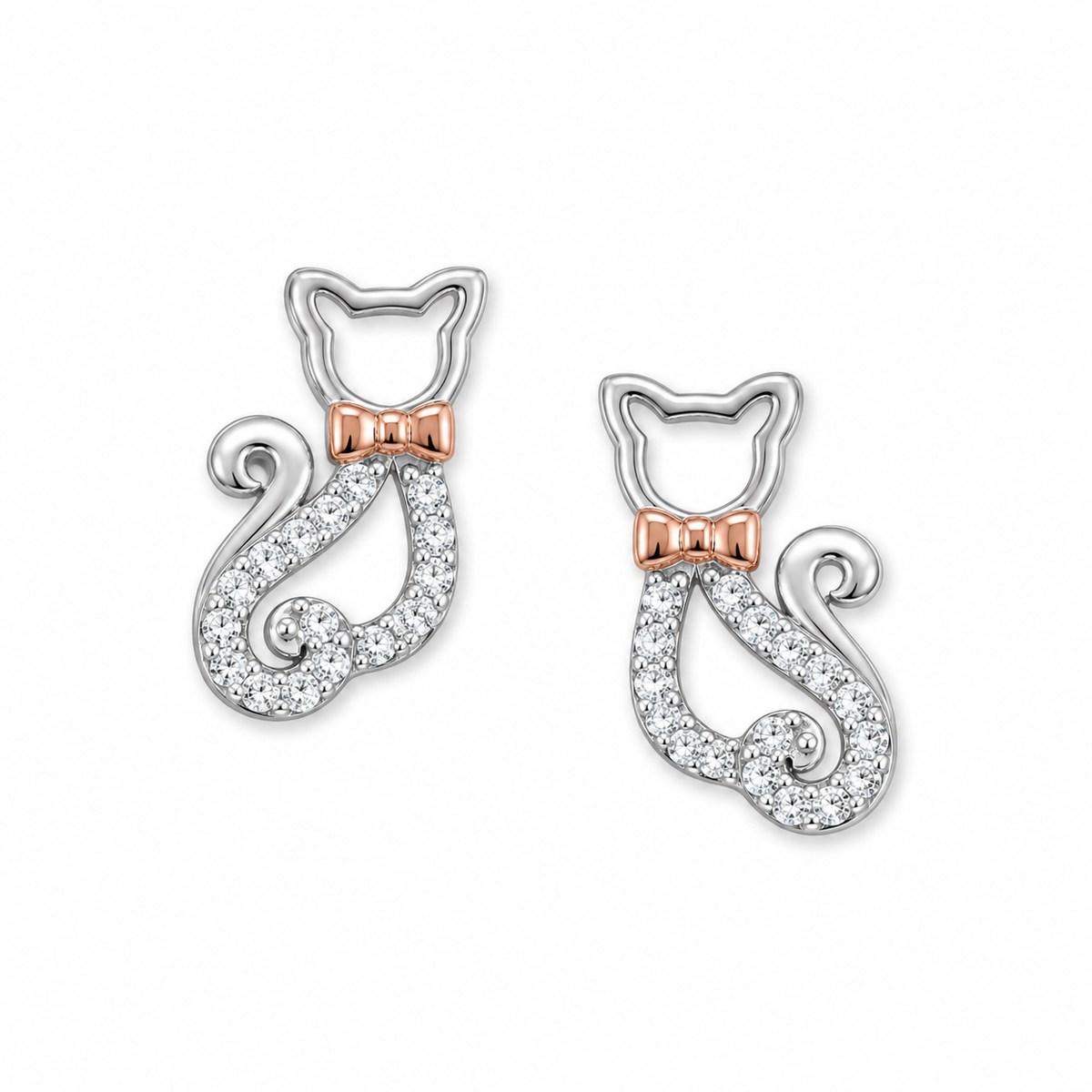 Two-Tone CZ Bow Tie Kitty Cat Stud Earrings Rhodium Rose Gold 925 Silver