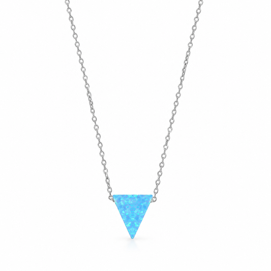 Blue Opal Triangle Necklace Rhodium 925 Silver Synthetic Floating 9.5x10.5mm 16+2