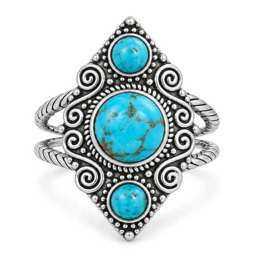 Triple Turquoise Ring Oxidized 925 Silver Double Band 4.5mm 8.5mm Scroll Sizes 6-9