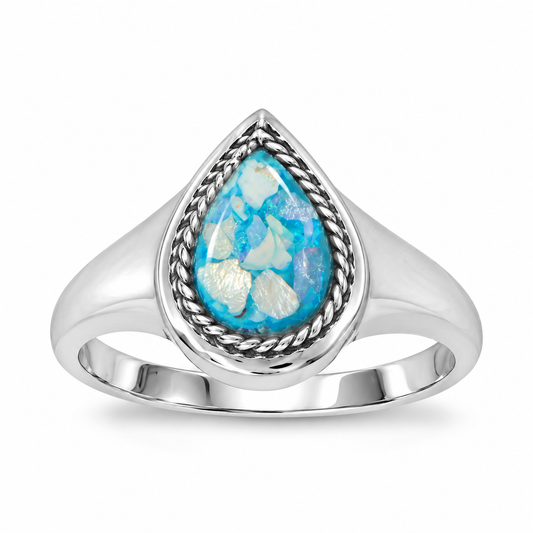 Pear Roman Glass Rope Edge Ring Hammered 925 Silver 7x8mm Sizes 5-9 w/ Certificate