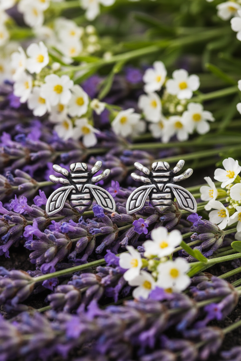 Bee earrings on lavender and wildflowers