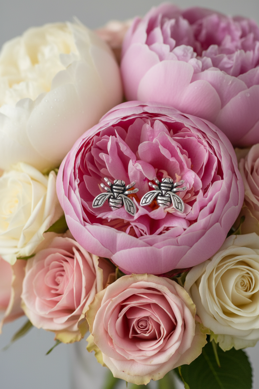 Bee earrings on peonies and roses