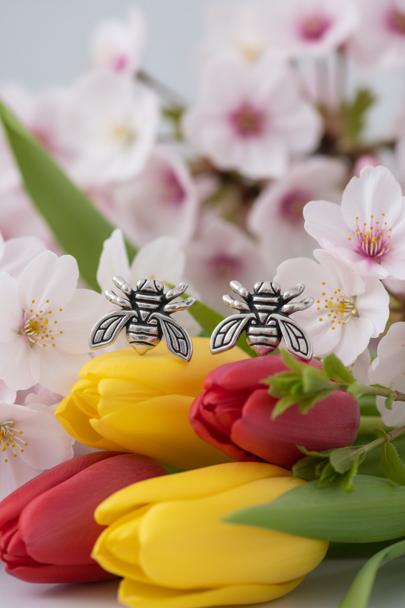 Bee earrings with spring flowers