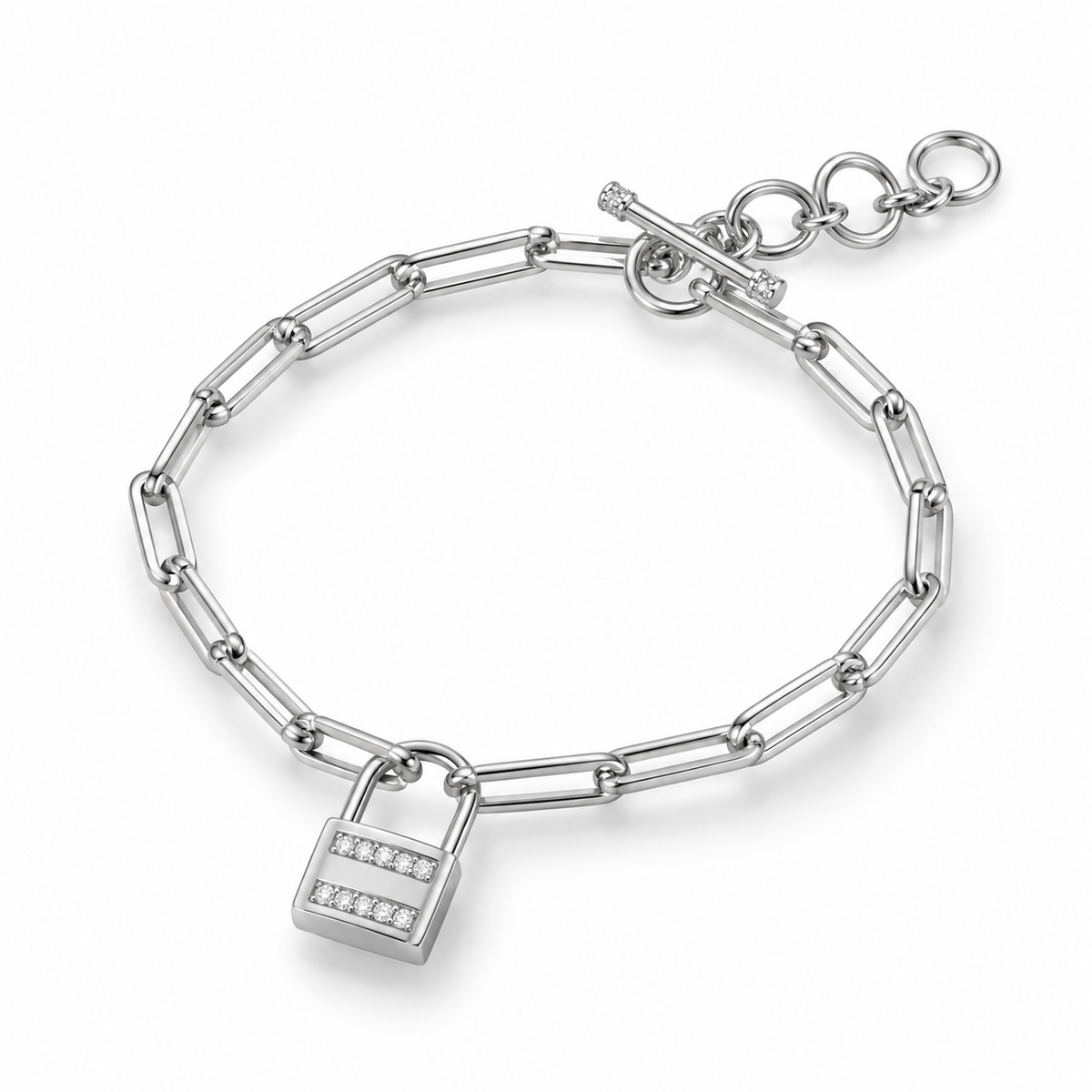 CZ Lock Charm Paperclip Chain Bracelet Rhodium 925 Silver Toggle Adj 6.5-7.5
