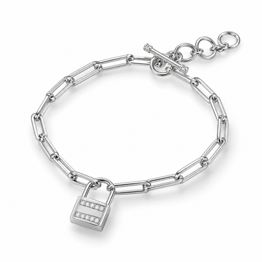 CZ Lock Charm Paperclip Chain Bracelet Rhodium 925 Silver Toggle Adj 6.5-7.5