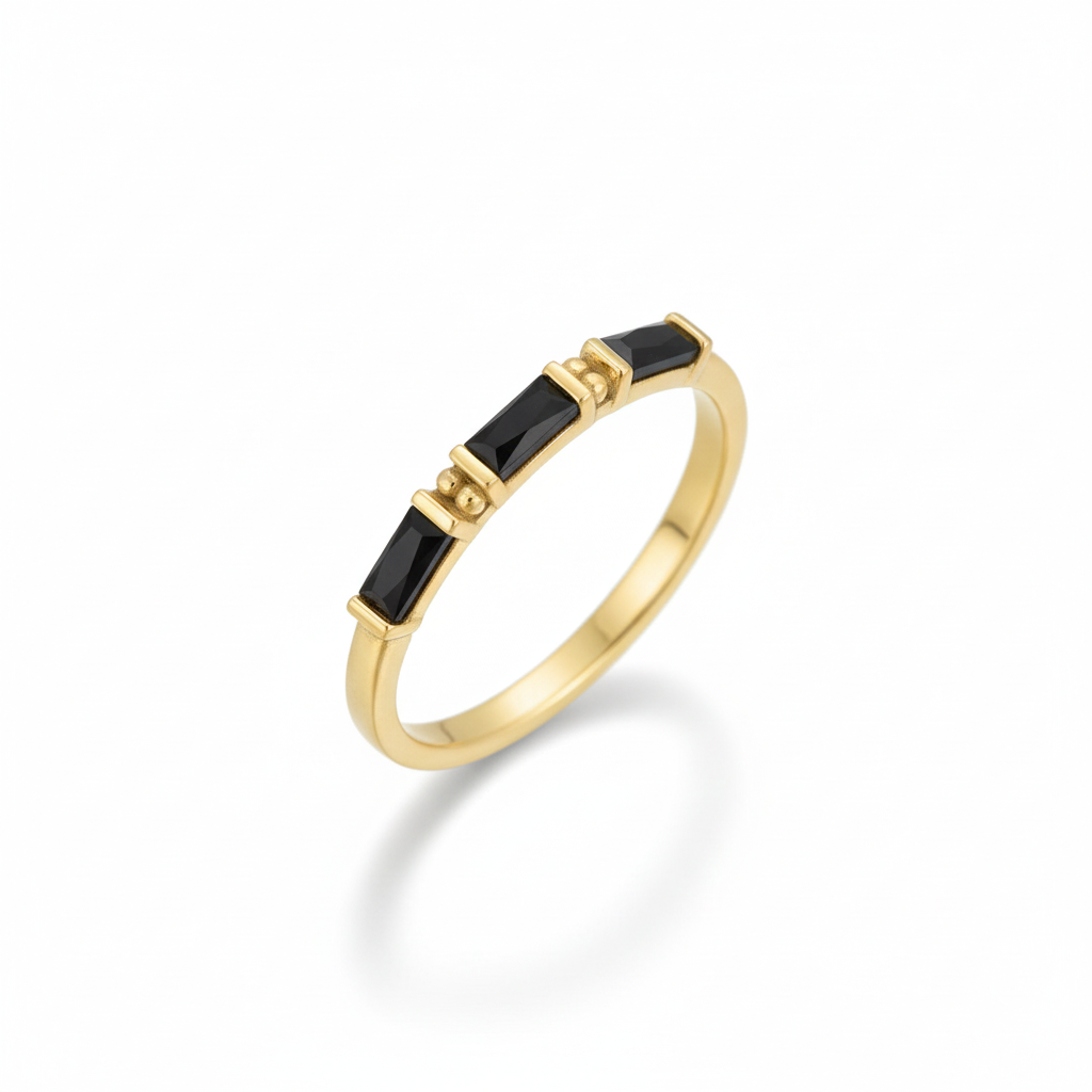 Black Baguette CZ Gold Ring Diagonal Upright White Background HD