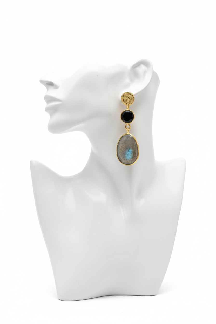 Black onyx and labradorite earrings on white mannequin