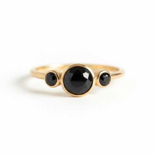 Black Onyx Three Stone Gold Ring White Background HD