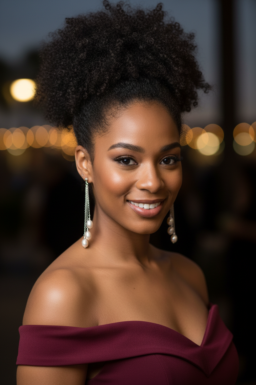 Black woman wearing refined pearl drop earrings