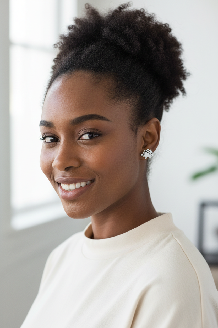 Black woman with charming hedgehog studs
