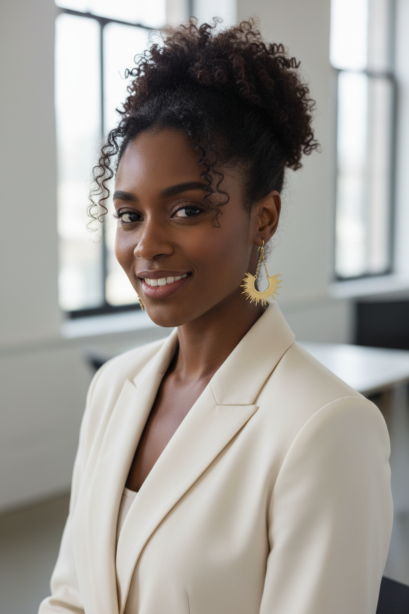 Black woman with luxurious radiant sunburst cascade earrings