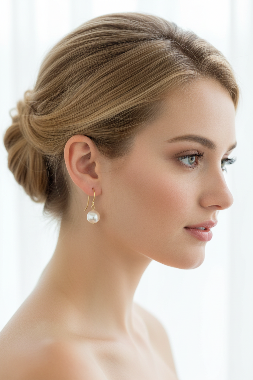 Blonde model wearing Akoya pearl earrings