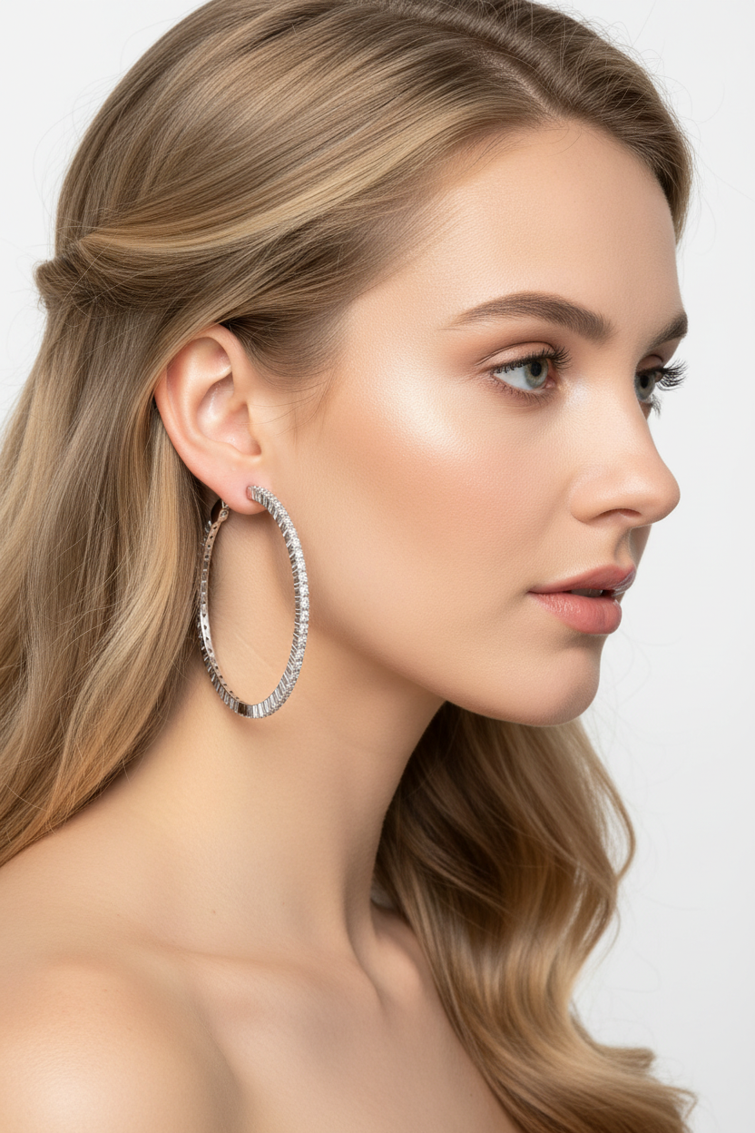 Blonde model wearing CZ hoops